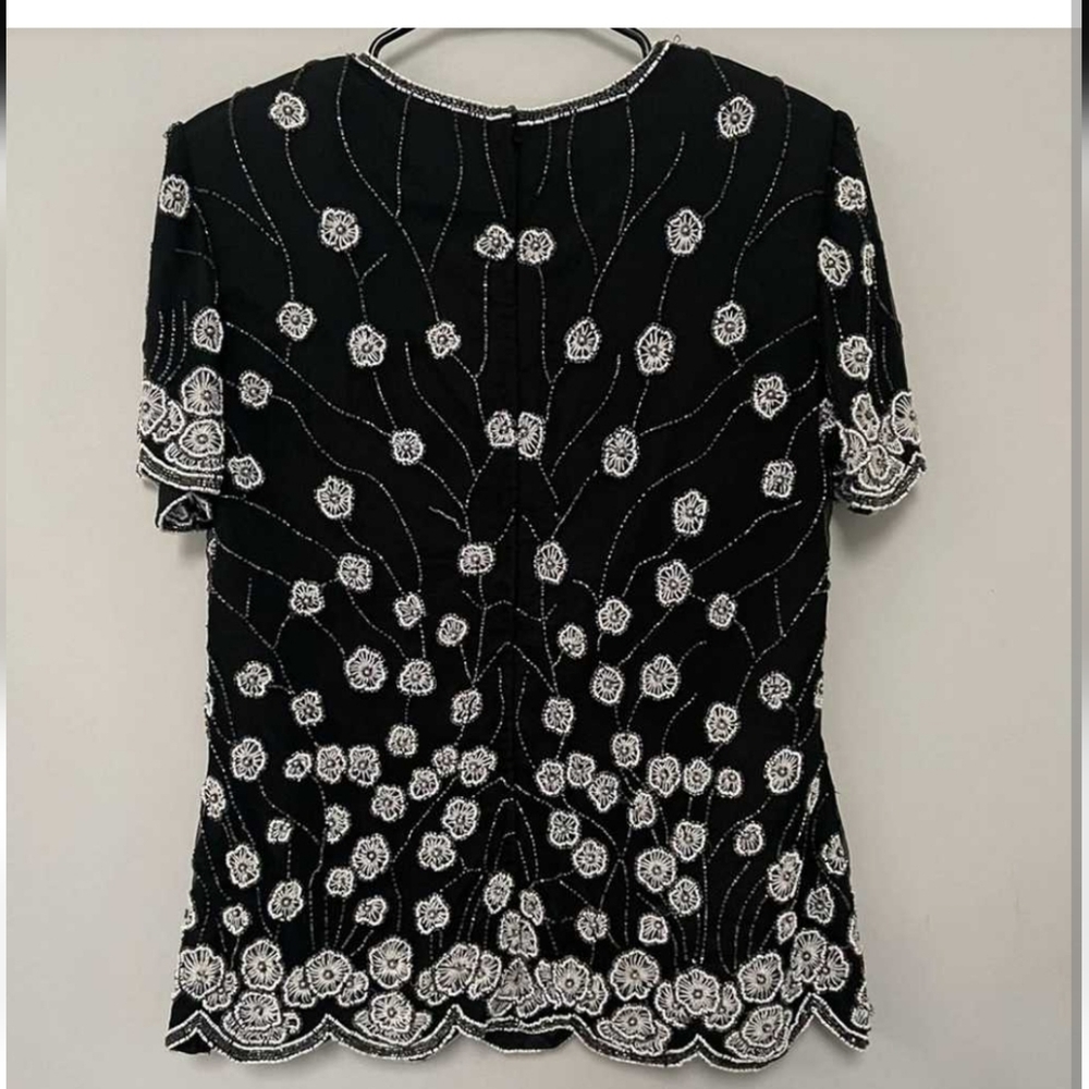 Adriana Papell Boutique Embroidered Beaded Formal Top Black & White Sz Large